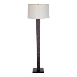 Modern Floor Lamp With Textured Dark Brown Wood Base and White Shade For Sale
