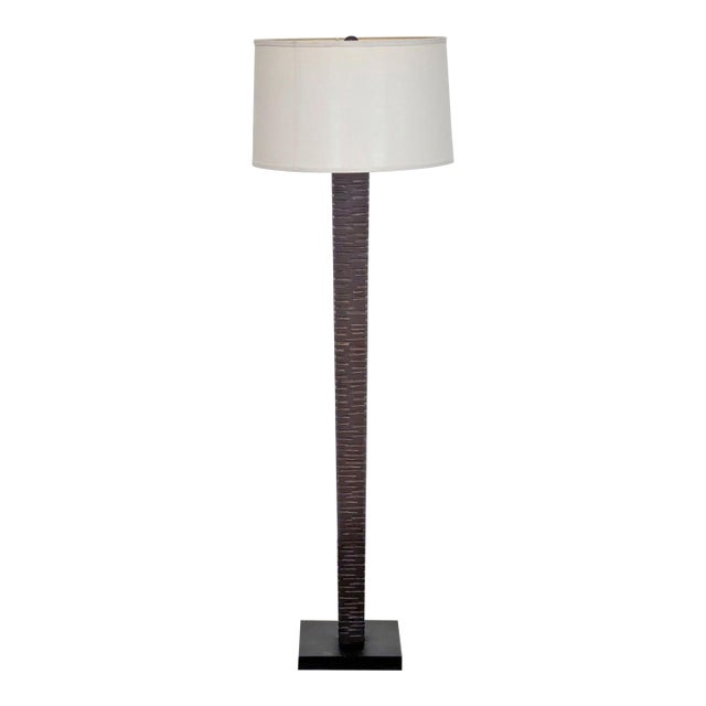Modern Floor Lamp With Textured Dark Brown Wood Base and White Shade For Sale