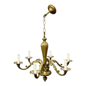 French Solid Bronze Six Light Chandelier, Canopy, Chain, Estate Item