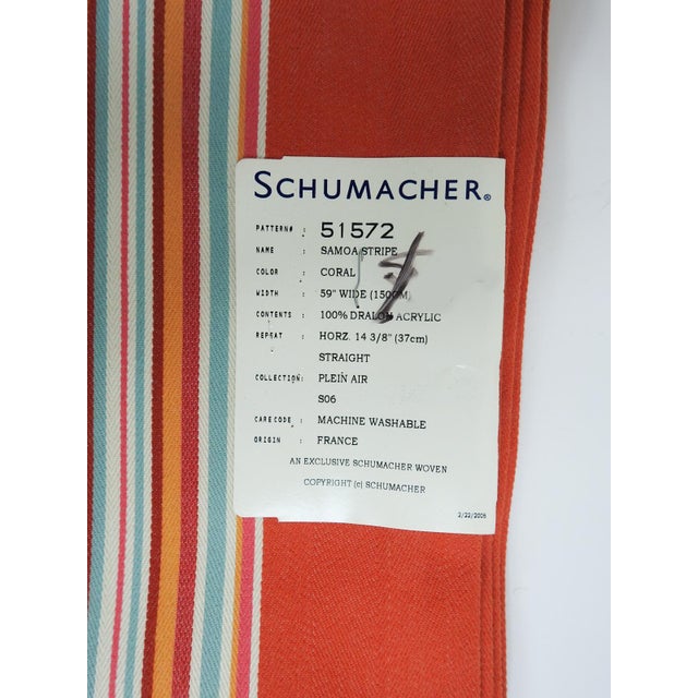 2+ yards x 48" wide panel of Schumacher Coral Samoa Stripe fabric. Edges are hemmed dralon acrylic drapery weight twill.