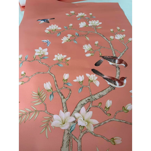 Chinoiserie Hand-Painted Coral Chinoiserie Wallpaper Panels – Floral Bird Mural, Luxury Statement Wall Art, 3 Panels 31x78” For Sale - Image 3 of 8