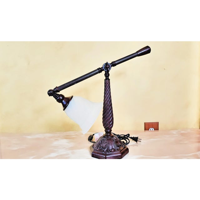 Traditional Ornate Polished Bronze Adjustable Bridge Desk Lamp With Frosted Glass Shade For Sale - Image 3 of 12