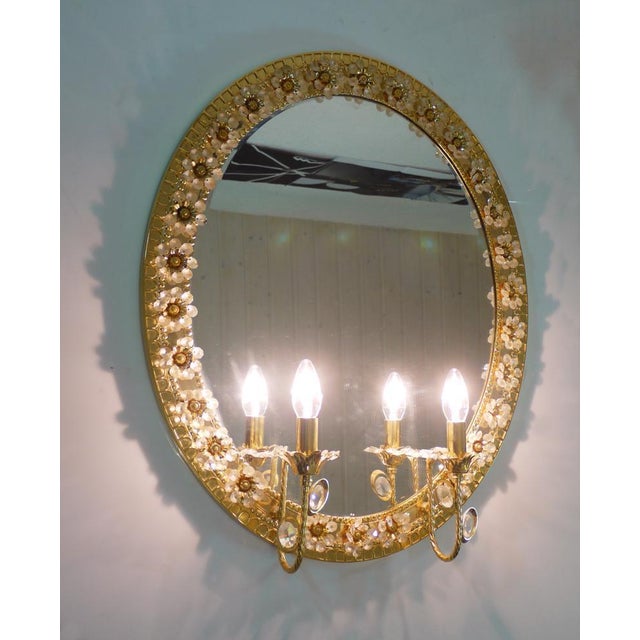 Metal Illuminated Oval Mirror in Crystal and Gilt Brass from Palwa, Germany, 1960s For Sale - Image 7 of 13