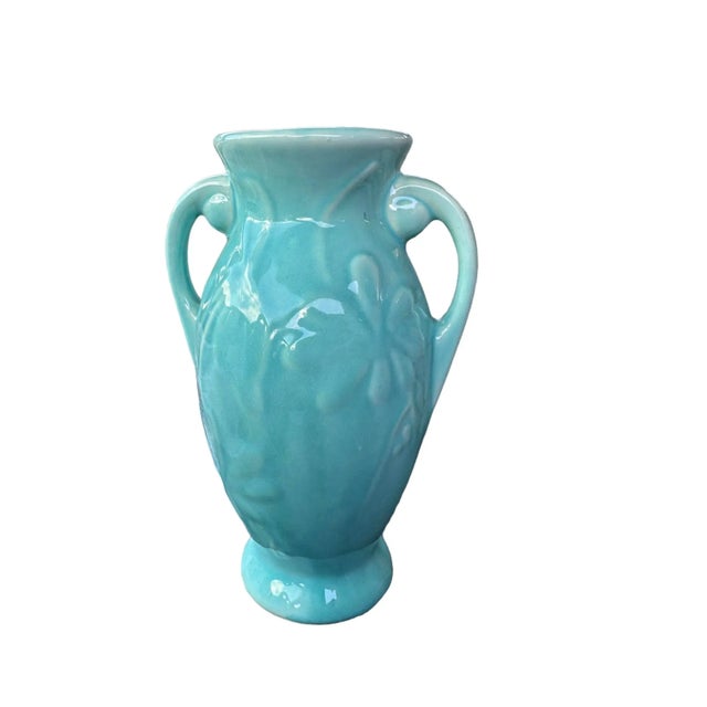 Ceramic Vintage Mid-Century Turquoise Aqua Blue Floral Vase Shawnee Pottery For Sale - Image 7 of 10