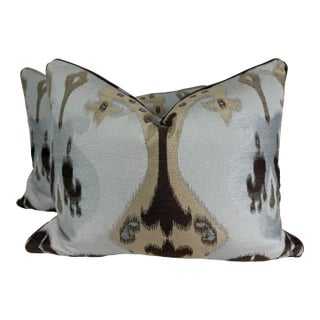 Woven Silk Ikat in Blue/Brown 16"x20" Pillows-a Pair For Sale