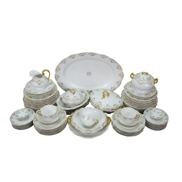 Vintage 20th century 89 piece set of porcelain dinnerware by T&V aka Tressemaines & Vogt. White porcelain with scalloped...