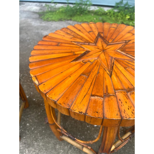 Late 20th Century Late 20th Century Rattan and Bamboo Pair of Barrel Side Tables With Inset Star Top For Sale - Image 5 of 12