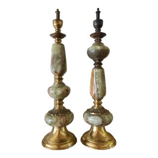 Green Marble and Brass Lamps, Unwired - Set of 2 For Sale