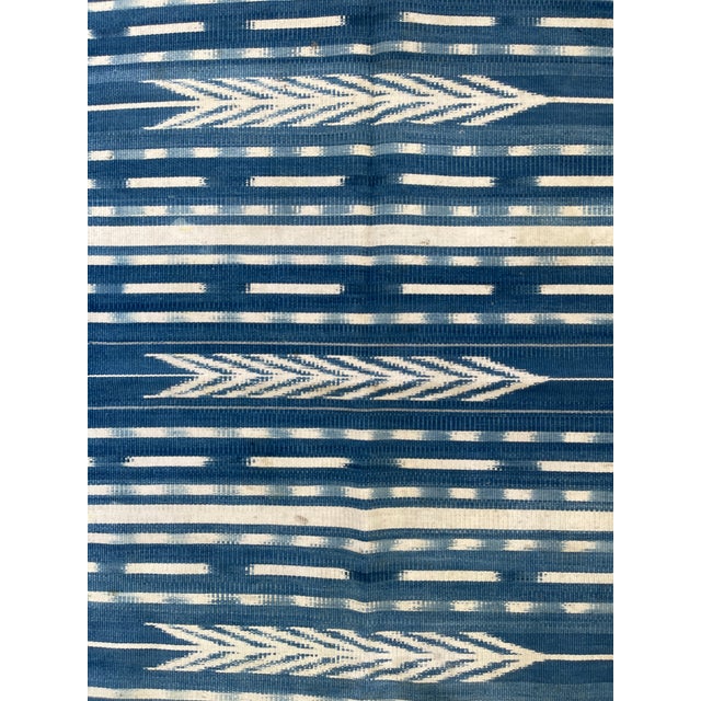 Natural indigo dye and white cotton flat weave dhurrie rug with feather and bird chevron pattern. Hand woven in the 1980's...