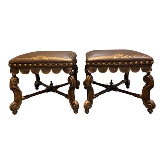 Gothic Revival Brown Leather Benches or Ottomans - a Pair For Sale