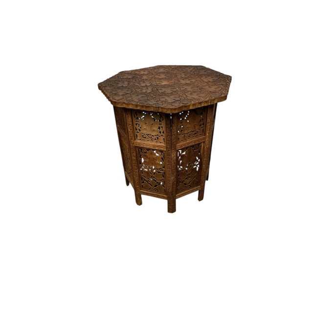 Brown Vintage Anglo Indian Rare Pattern Heavily Carved Teak Octagonal Table For Sale - Image 8 of 8