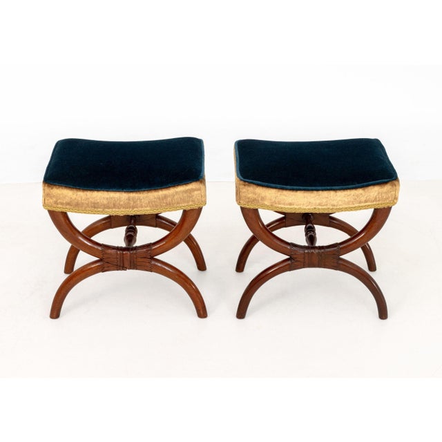 Empire Style Velvet Upholstered Curule Stools, Pr. For Sale In New York - Image 6 of 8