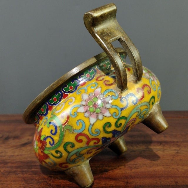Vintage Yellow Ground Cloisonne Enamel Bronze Censer, Two-Handle Tripod Incense Burner For Sale - Image 9 of 9