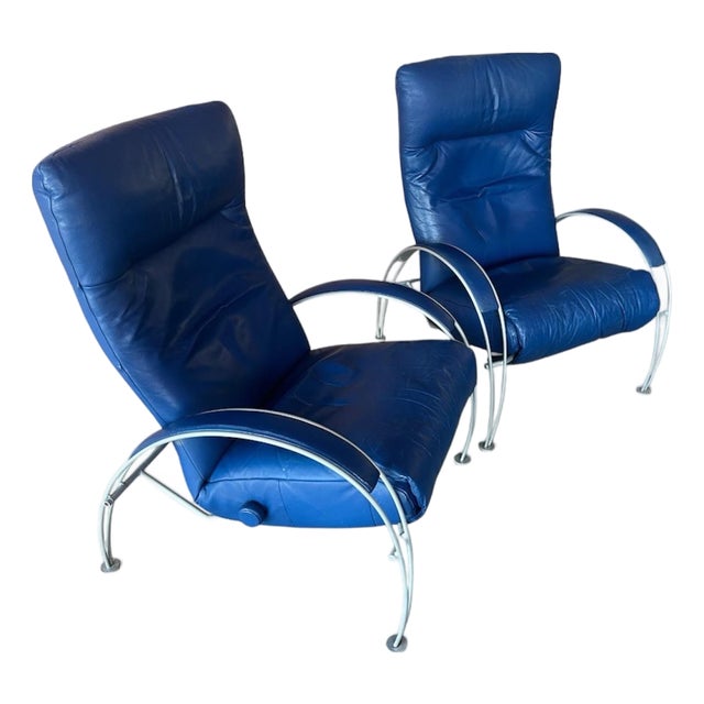 Pair of Vintage Lafer Billie Blue Leather Lounge Chairs, Brazil For Sale