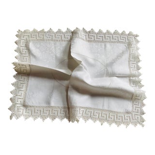 Antique Linen Tea Cloth With Greek Key Lace Border & Woven Medallion Center — Early 20th C. For Sale