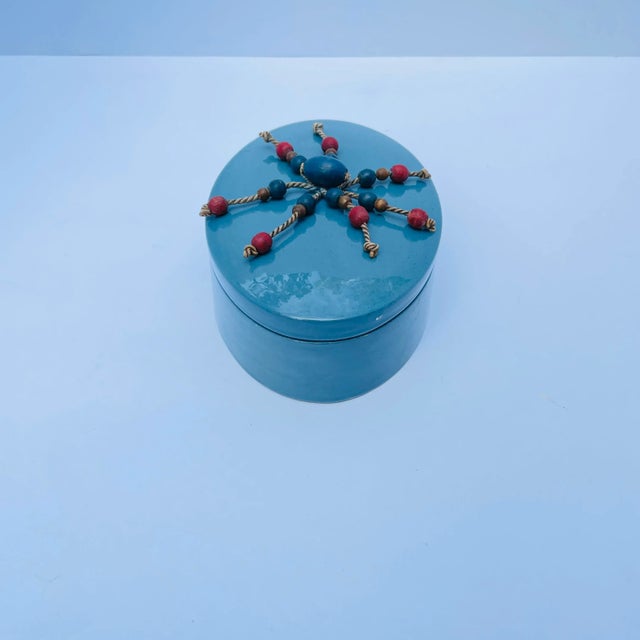 DUX Antique Dux Blue Porcelain Lidded Catchall With Wooden Beads For Sale - Image 4 of 9