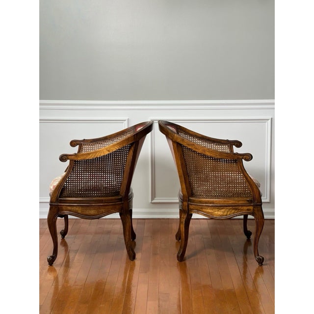 Mid 20th Century Pair French Louis XV Style Walnut and Cane Barrel Back Bergere Chairs in Toile, 20th C. For Sale - Image 5 of 13
