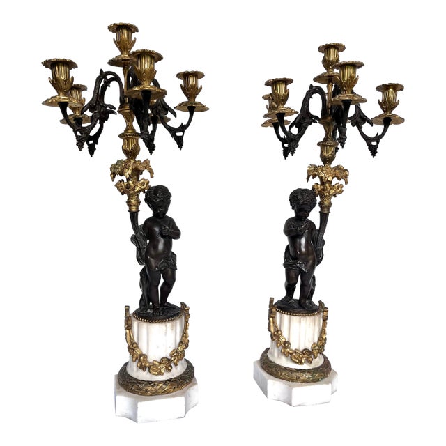 19th Century French Louis XVI Style Figural Bronze and Marble Candelabra - A Pair For Sale