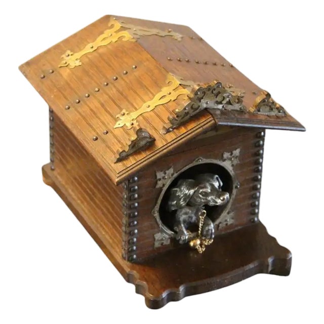French Cigar Box with Bronze Dog in Dog House, 1890s For Sale