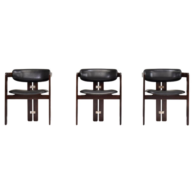 Pamplona Chairs in Black Leather by Augusto Savini, Italy, 1965, Set of 3 For Sale