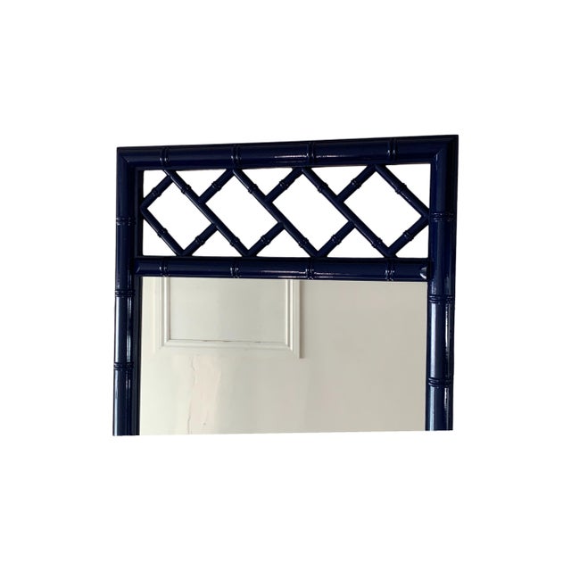 Glass Vintage Faux Bamboo Navy Blue Chinoiserie Chippendale Palm Beach Wall Mirrors Pair For Sale - Image 7 of 9