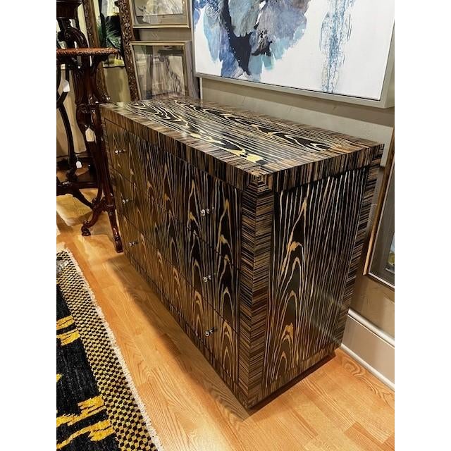 Hooker 3 Drawer Chest, Hand Painted Finish in Black and Cream Woodgrain Pattern.