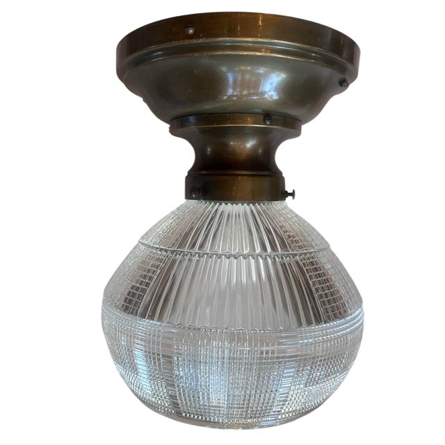 Zipper Pattern Holophane Flushmount Fixture on Large Bronzing Brass Holder, Circa 1930 For Sale - Image 4 of 4