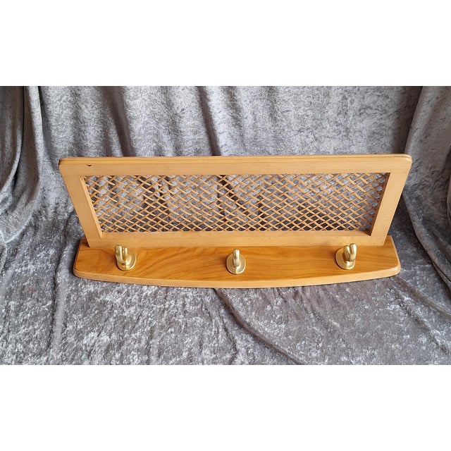 Mid-Century German Wall-Mounted Coat Rack with Walnut Wood Frame, Brass Hooks and Wicker Hat Shelf, 1960s, in Very Good...