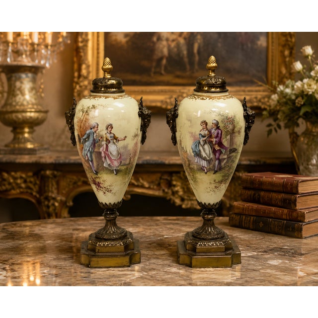 Bronze Pair of Antique French A. Daret Hand-Painted Porcelain & Gilt Bronze (Ormolu) Covered Urns With Romantic Rococo Scenes – 16" For Sale - Image 8 of 8