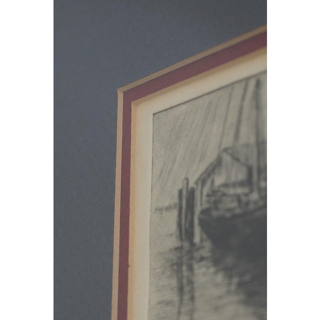 Vintage Ship Boat Dock Black & White Pencil Etching (Signed) For Sale - Image 4 of 8