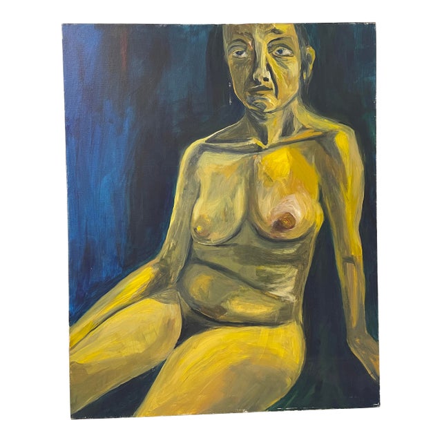 Large Vintage Expressionist Style Nave Blue & Yellow Female Nude Study For Sale