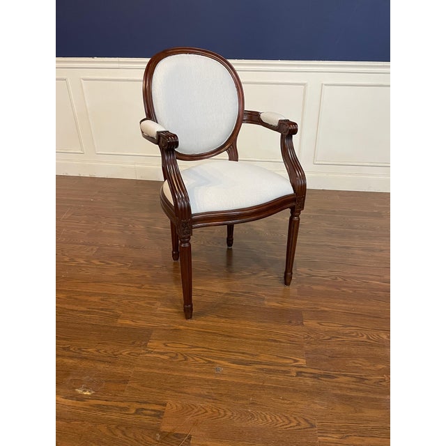 Brown Set of 8 Louis XVI Muslin Upholstered Dining Chairs by Leighton Hall - Showroom Samples For Sale - Image 8 of 14