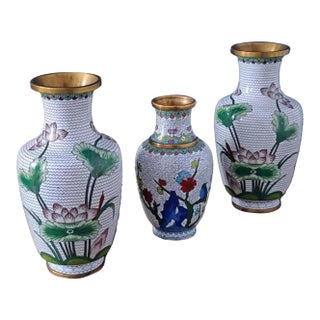 Vintage Chinese Enameled Cloisonné Vase Set For Sale