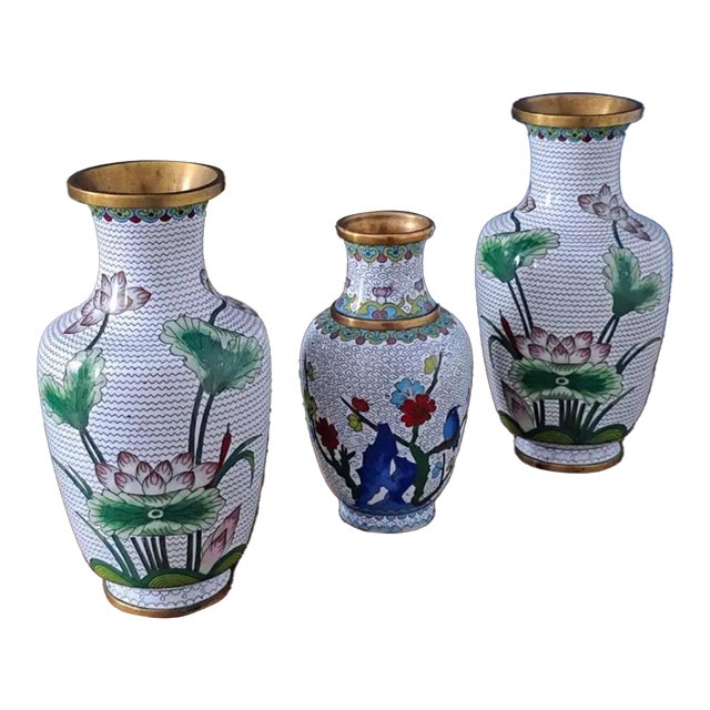 Vintage Chinese Enameled Cloisonné Vase Set For Sale