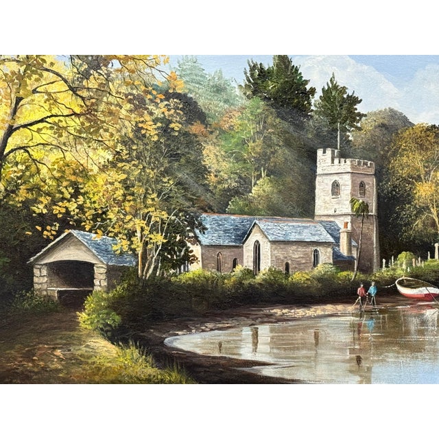 Painting of Church in Cornwall on the English South Coast with Figures & Boats 1985 Circa For Sale - Image 15 of 16