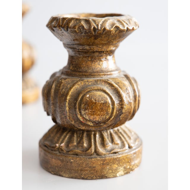 Mid 20th Century Vintage Italian Gilt Pillar Candle Holders Candlesticks - A Pair For Sale - Image 5 of 7