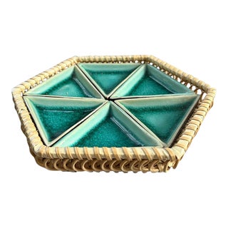Vintage Rattan Tray With Turquoise Geometric Ceramic Inserts Divided Serving Dish For Sale