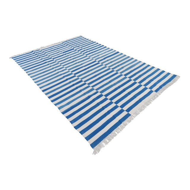 Handmade Sky Blue and White Cotton Vegetable Dyed Striped Rug - 9'x12' For Sale