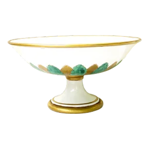 1950s Ugo Zaccagnini Italian Green & Gilt Porcelain Pedestal Compote / Tazza