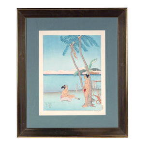 Early 20th Century Framed Japanese Woodblock Print Apres La Pluie Tarang Yap by Paul Jacoulet