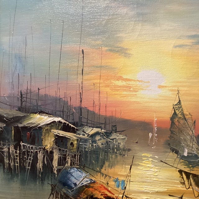 Vintage Painting on Canvas Chinese Junks Sailing Boats on Sunset Harbor Signed Framed For Sale - Image 10 of 12