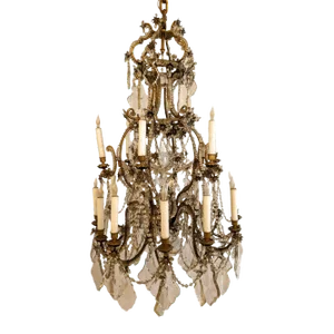 Late 19th Century Antique 2-Tiered Louis XV Style Crystal and Brass Beaded Chandelier