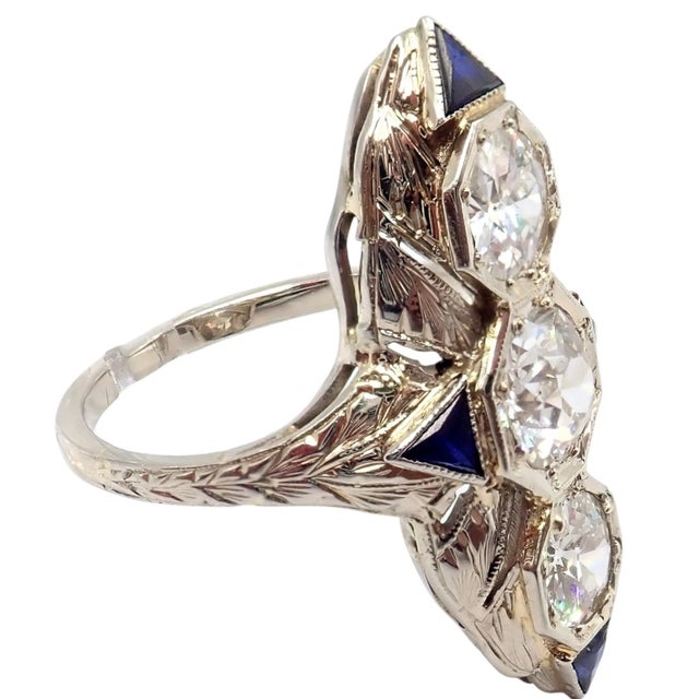 Vintage Estate White Gold Diamond Sapphire Art Deco Ring, Size 7 For Sale - Image 11 of 11