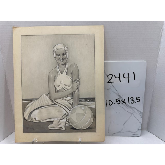 1940s Original Signed Graphite Illustration of Bathing Beauty With Ball, 13.5 X 10.5 In. For Sale In Atlanta - Image 6 of 6