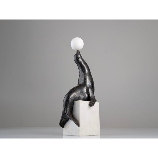 Marcel-André Bouraine, Sealion Sculpture, 1920s, Metal on Marble Base For Sale - Image 3 of 14