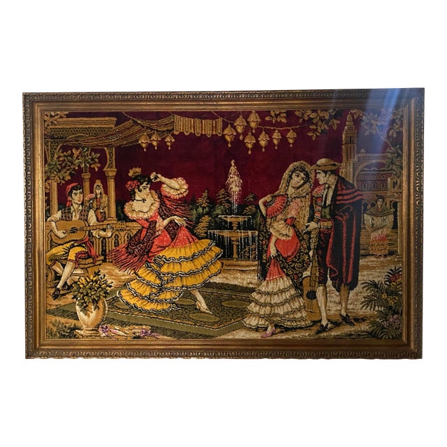 Large Vintage Flamenco Dancers Framed in Velvet Type Material For Sale