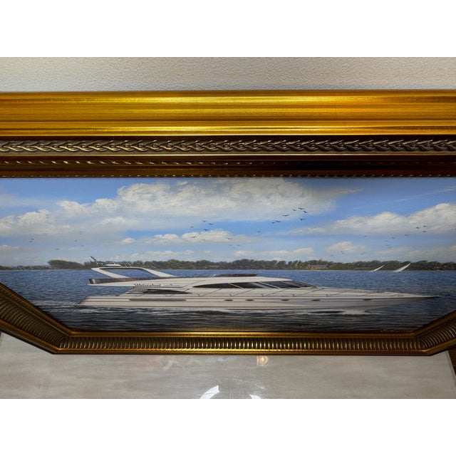 Wood British Nautical Oil Painting Windermere Lake District Ascendancy — Fairline Squadron 50 Yacht Under Cumbrian Skies Signed Edward Hersey Gilt Framed For Sale - Image 7 of 18