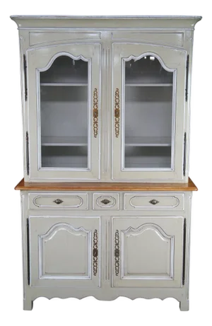 Vintage Country French Provincial Oak Buffet Deux Corps China Display Cabinet