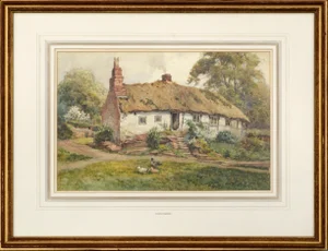 Country Cottage - Figure in the Door With Geese - Landscape by Joshua Fisher
