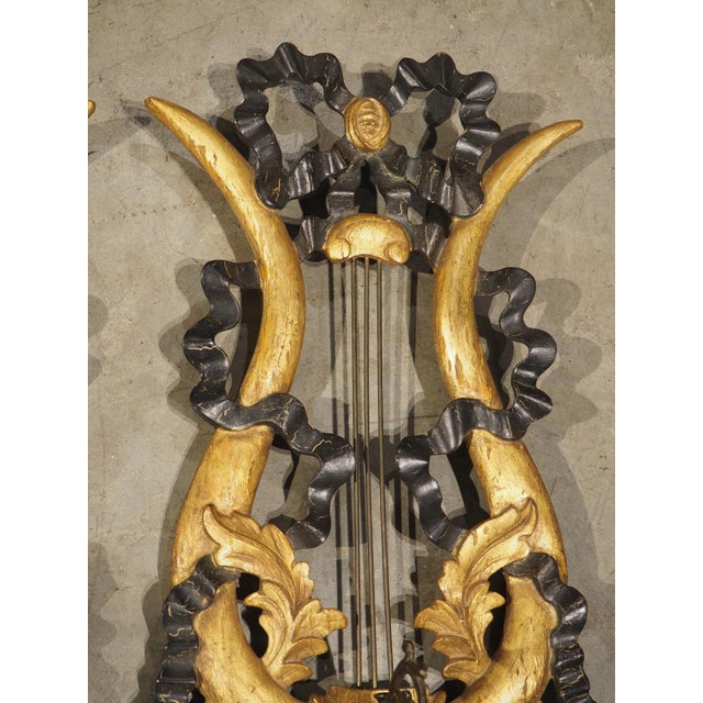 Pair of Italian Giltwood and Ebonized Louis XVI Style Lyre Form Sconces, 1950s For Sale - Image 16 of 18